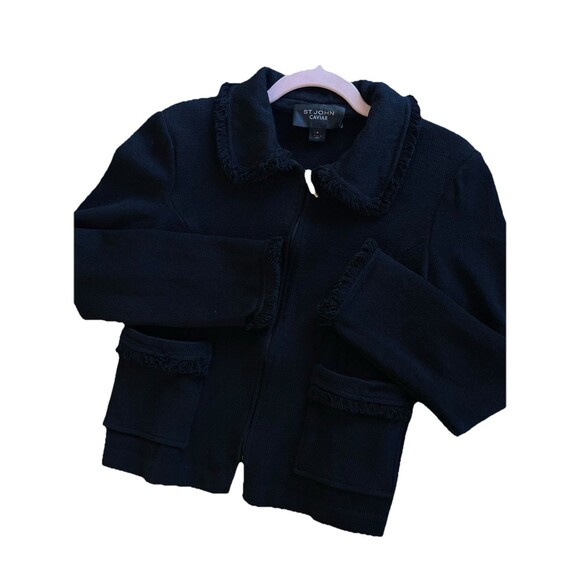 ST. JOHN CAVIAR KNIT FULL ZIP WOMENS FRINGED BLAZER BLACK CLASSY SZ 6 POCKETS - Picture 10 of 16